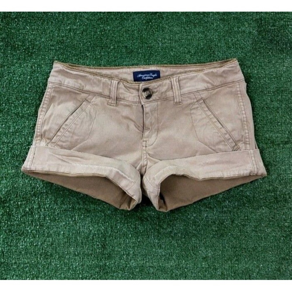 American Eagle Size 00 Women's Khaki Y2K Low-Rise Micro Mini Shorts Embroidery